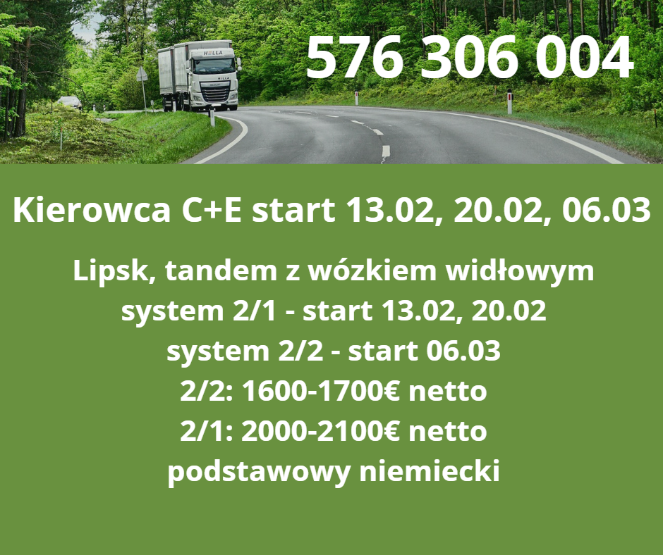 Kierowca C+E Lipsk 2/2 tandem w wózkiem widłowym 1600-1700€ netto