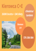 Kierowca C+E Bremen chłodnia/ tandem 2630€ brutto + 24€ diety w systemie 3/1